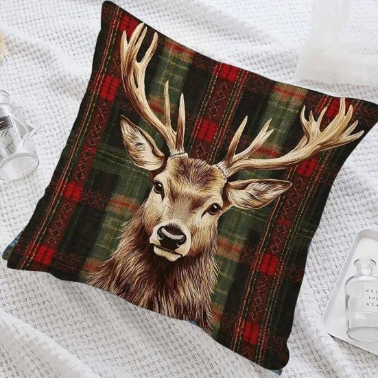 Christmas Elk Pillow Cover Red Green Plaid Elk Head Throw Pillow Cover 18 Inch X 18 Inch Winter Festive Pillowcase for Home Couch Sofa Bed Decoration