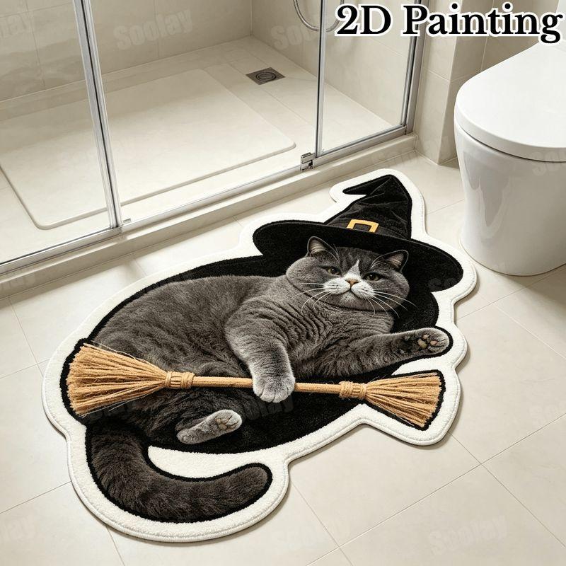Cute Cartoon Halloween Cat Shaped Rug, Witch Hat Pumpkin Non Slip Floor Mat for Bedroom Entryway Fall Home Decor