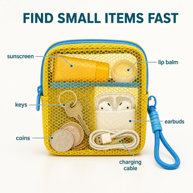 Small Mesh Beach Pouch Clear Cosmetic Bag with Detachable Wrist Strap Travel Organizer for Sunscreen Keys Cables