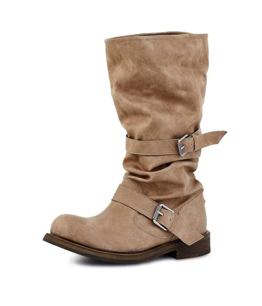 Cowhide Version~ Genuine Leather Polished Heavy Industry Old Stacking Boots Women's Belt Buckle Two Wear Retro Style Knight Boots Outdoor Boots