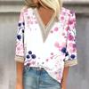 Женская модная футболка с V-образным вырезом и кружевным винтажным цветочным принтом, повседневный топ с семью рукавами