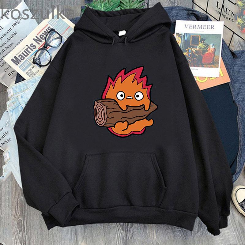 Толстовки с кальцифером «Ходячий замок Хаула», свободная флисовая толстовка с рисунком Кальцифера, винтажные пуловеры, толстовки, зимняя женская уличная одежда