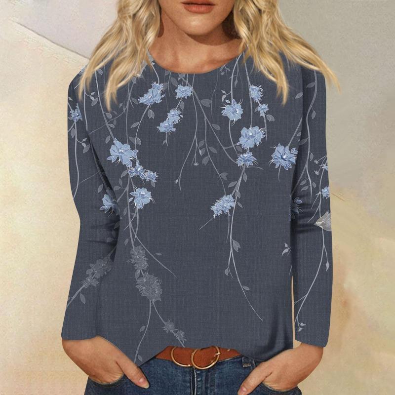 Женская мода повседневная с длинным рукавом цветочный принт круглый вырез пуловер топ блузка футболки женские