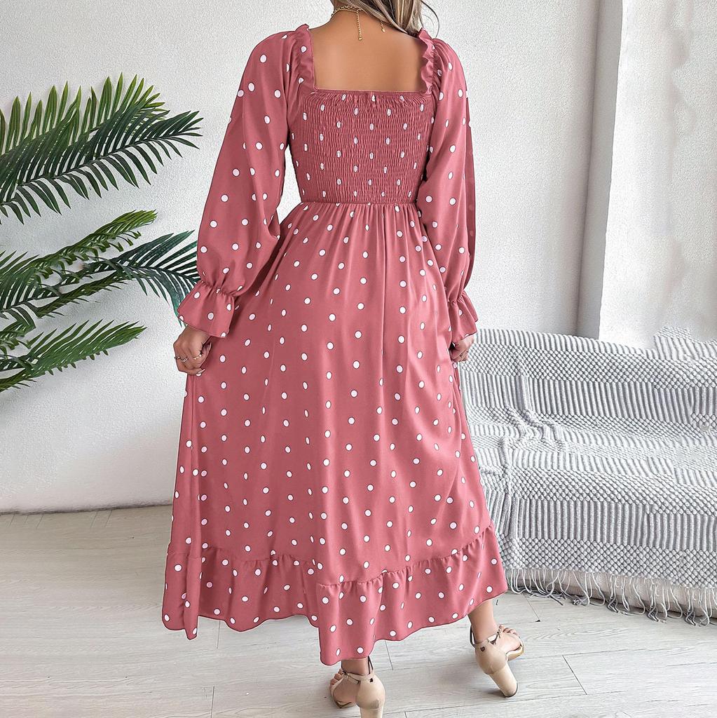 Женское осенне-зимнее темпераментное однотонное плиссированное платье в горошек с высокой талией и длинными рукавами