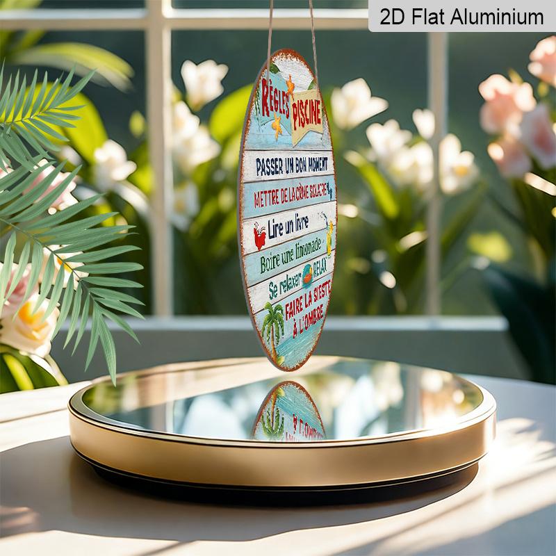 2D Flat, 1pc 7.87x7.87 Inch Round French Aluminum Sign, Vintage Decorative Plaque for "Pool Rules", "Summer Relaxation" Decorative Plaque, Suitable