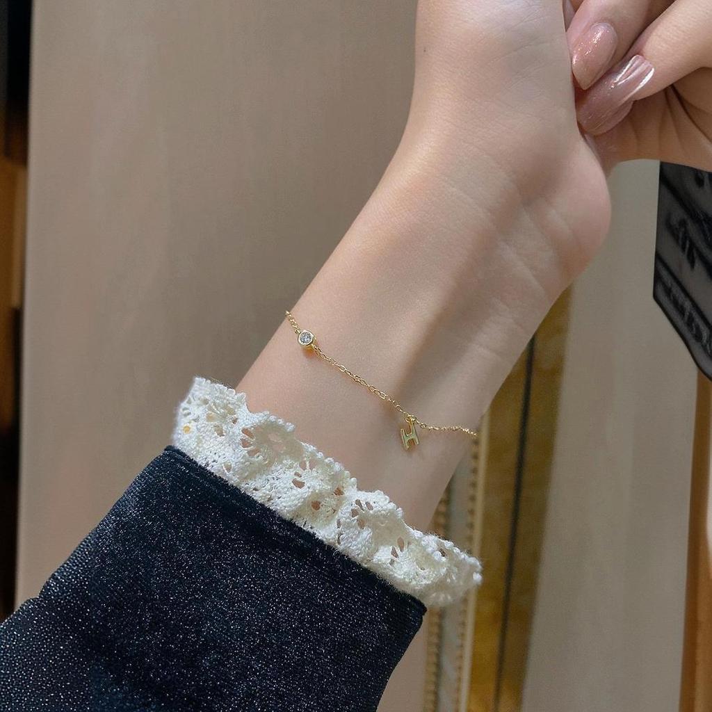 S925 Sterling Silver Letter H Diamond-Embedded Mini Bracelet Women's Simple All-Match Niche Temperament High-Grade Bracelet