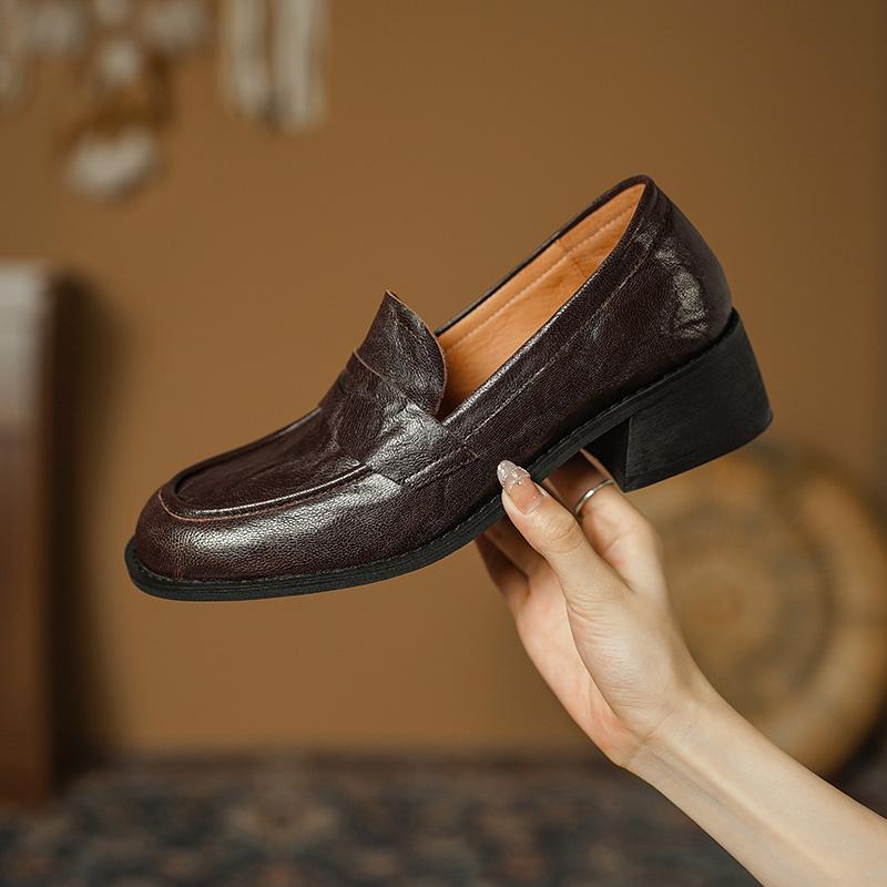 Fashion High Heels Women Pumps Retro Round Toe Genuine Leather 2024 Spring Summer Concise Casual Working Shoes Woman Loafers New Shoes