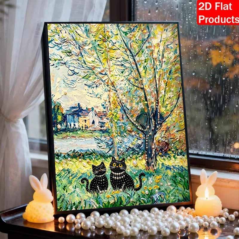 Сияющий набор для рисования жемчугом в рамке DIY с милыми черными кошками в весеннем саду 3D-арт из бусин Холст Готов к демонстрации Декор для стены дома Подарок