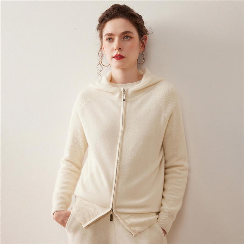 Women's Thickened Double Zipper Cashmere Cardigan - Solid Color, Loose Fit, Slimming Knit Hoodie for Autumn and Winter.