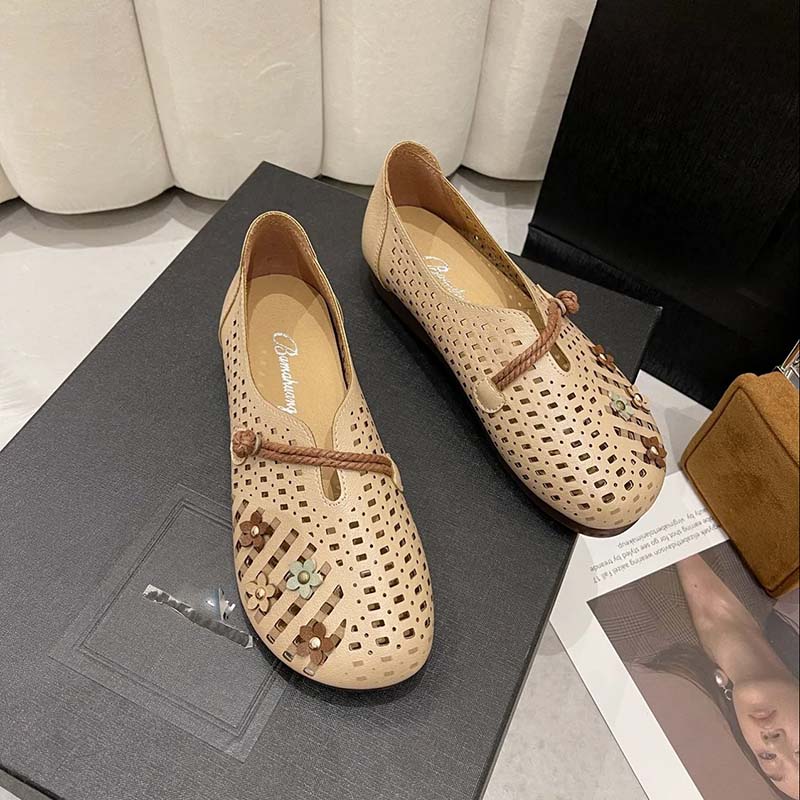 Нескользящие вентилируемые женские сандалии на плоской подошве в стиле ретро, в национальном стиле, обувь с круглым носком, обувь из мягкой кожи, летняя обувь