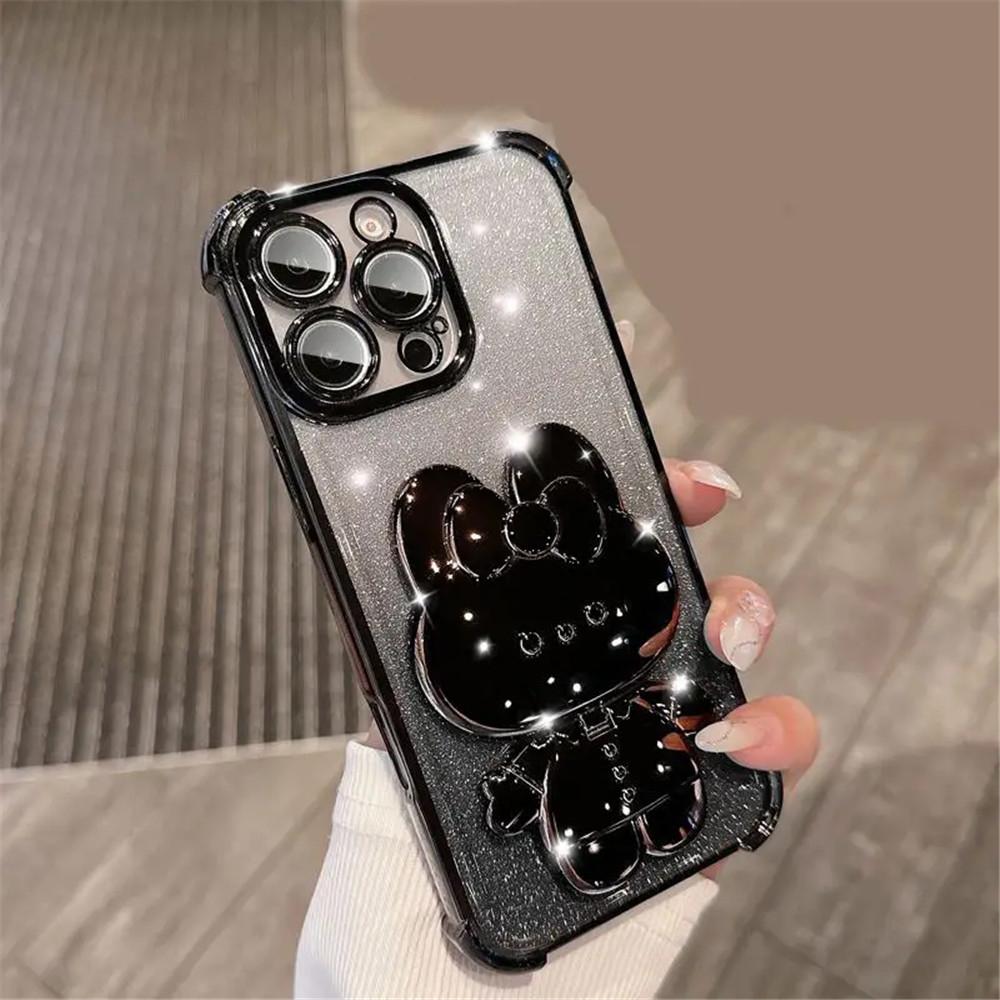 Противоударный чехол с блестками для Xiaomi Redmi Note 13 Pro 5G / Redmi Note 14 Pro Plus, мягкий чехол с невидимым зеркальцем для макияжа и подставкой в виде кролика
