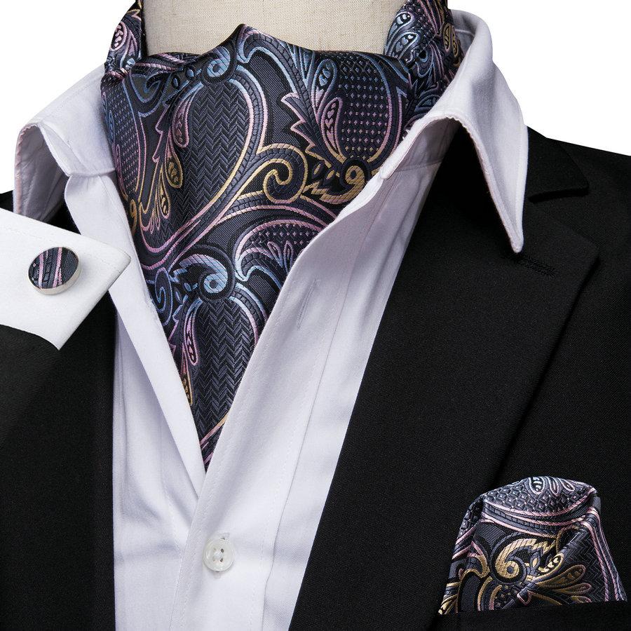 Hi-Tie Fashion Designe Mens Silk Ascot Tie Set Grey Paisley Ascot Tie with Handkerchief Cufflinks