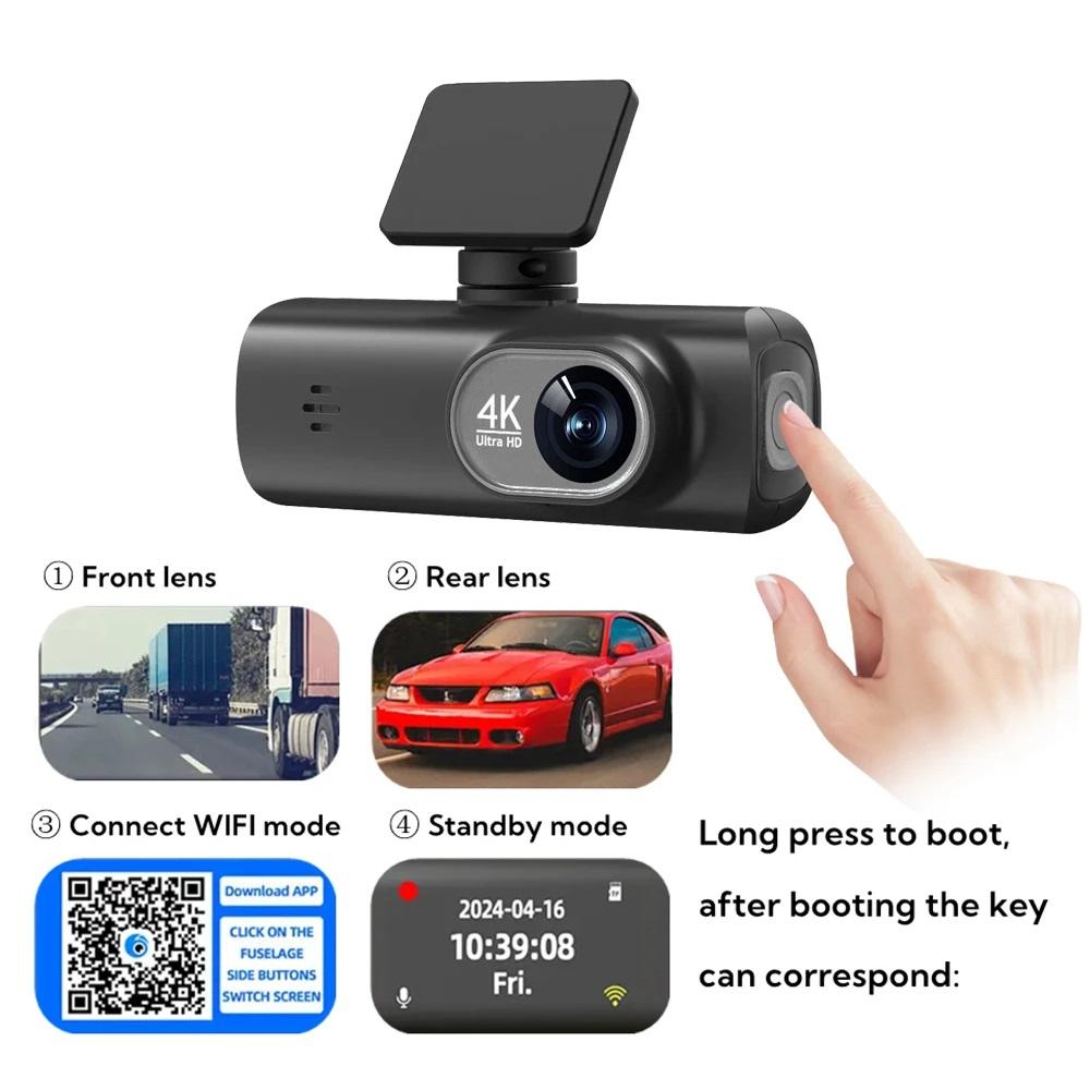 4K Ultra HD Dual Lens Auto Dash Recorder, Super Wide Angle Night Vision, Front Rear Recording with WiFi & Built-in GPS Module