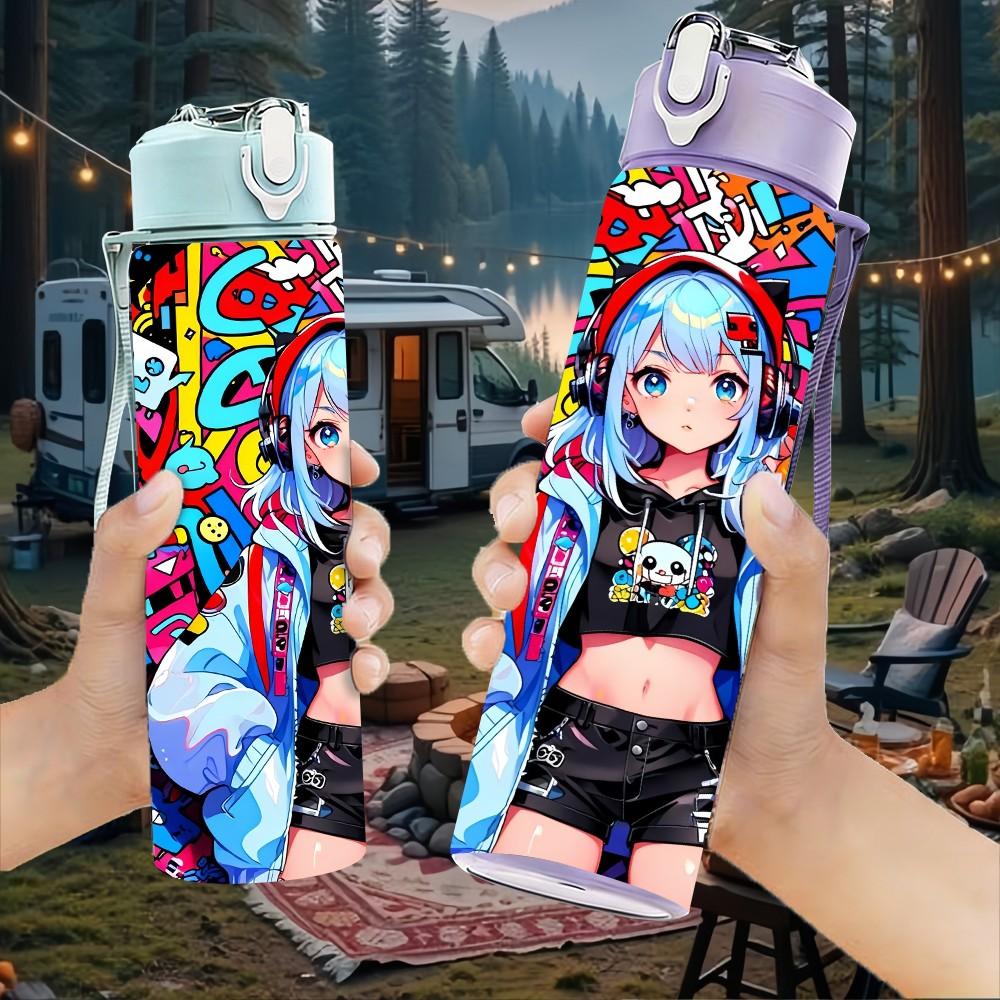 1PC Futuristic Cyber Girl Anime Character Art 750ml Color Plastic Sports Water Bottle Leakproof Flip Straw Lid Suitable for Sports Office Home Use
