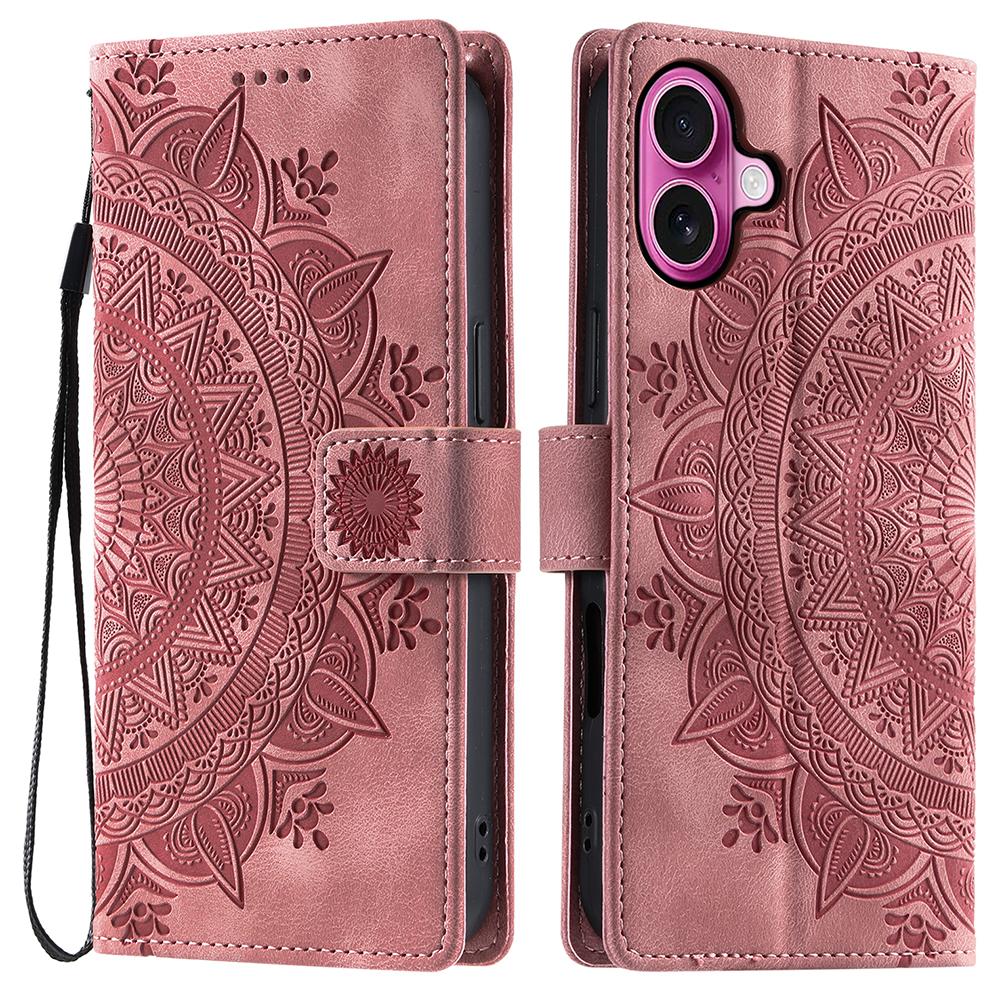 Style 018 For iPhone 16 Case Imprinted Totem Skin Feel Wallet Leather Phone Cover - Grey