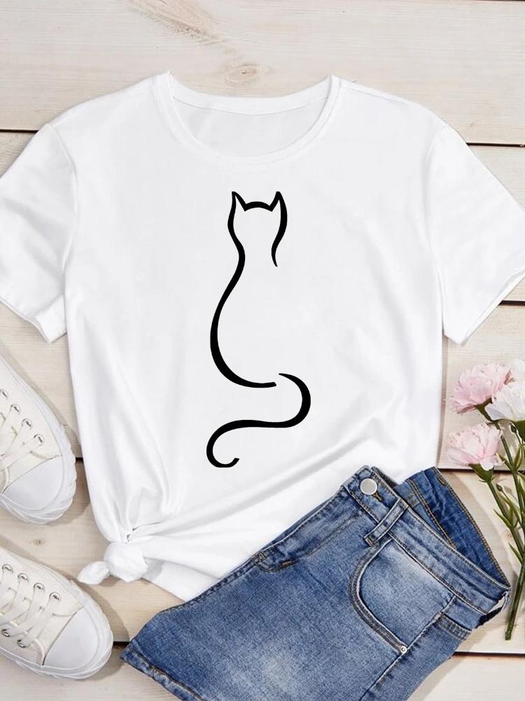 O Neck Tshirt Comfortable Cute Love Heart Cat Print Casual Short Sleeve Top Summer Women's Clothing Cartoon Streetwear