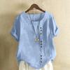 Women's Shirt Casual Short-sleeved Single-breasted Cotton and Linen Shirt Short-sleeved Round Neck Hem Split Top
