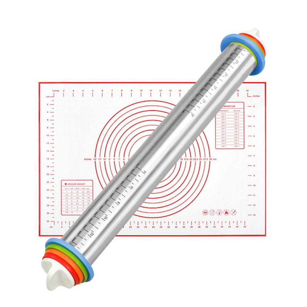 Съемные кольца, Нержавеющая сталь, Скалка, Регулируемая толщина, Силиконовый коврик для замешивания, Антипригарная, Гладкая поверхность