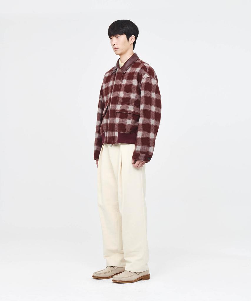 Afterpray Leather Collar Check Wool Blouson Burgundy