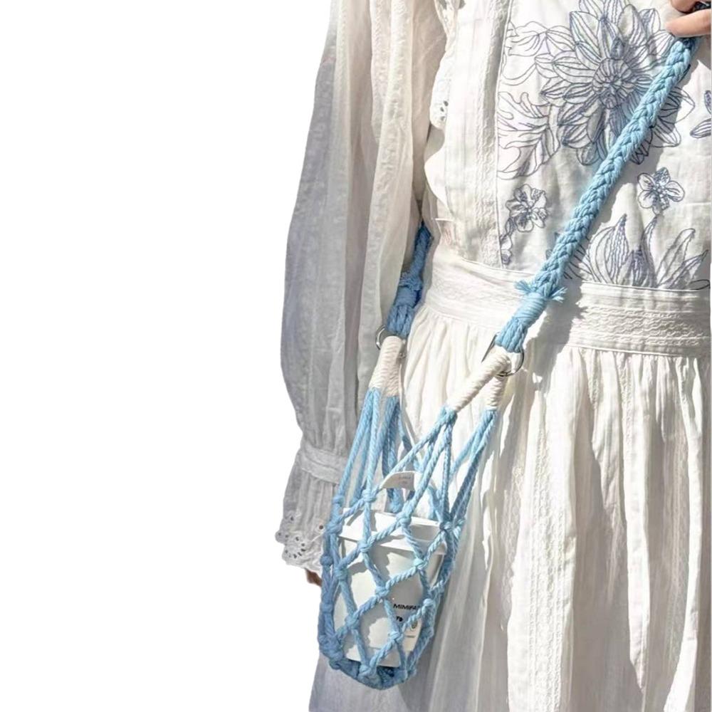 Cotton Rope Crochet Cup Holder Breathable Foldable Portable Coffee Cup Bag Easy To Carry with Strap Hollow Out Cup Sleeve Mugs