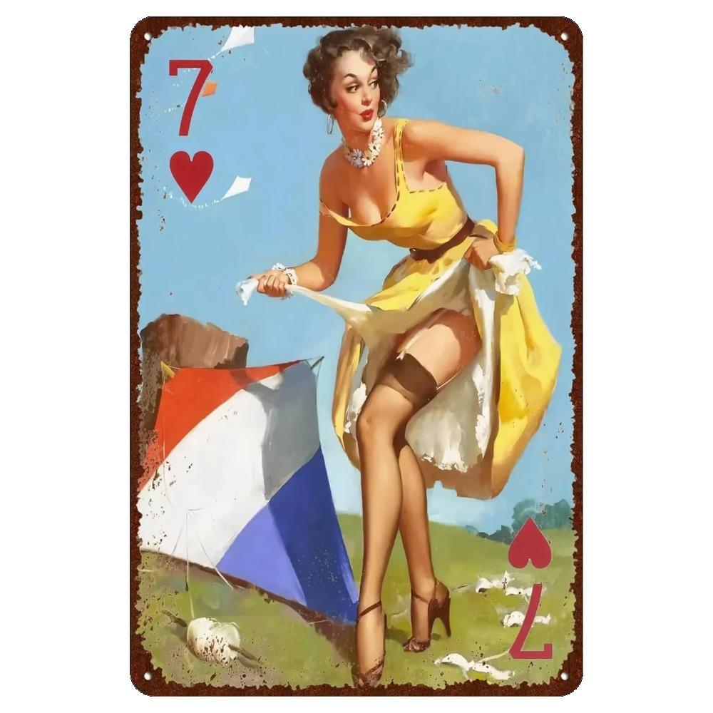 Преобразите свой интерьер с элегантностью: 1шт Винтажное металлическое настенное искусство, украшенное сексуальными женщинами, подойдет для любого бара