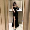 Elegant Black V Neck Sexy Slim Fit Bodycon Dress for Women with Thin Straps High Slit Mermaid Style Floor Length Formal Evening Nightclub Party Gown