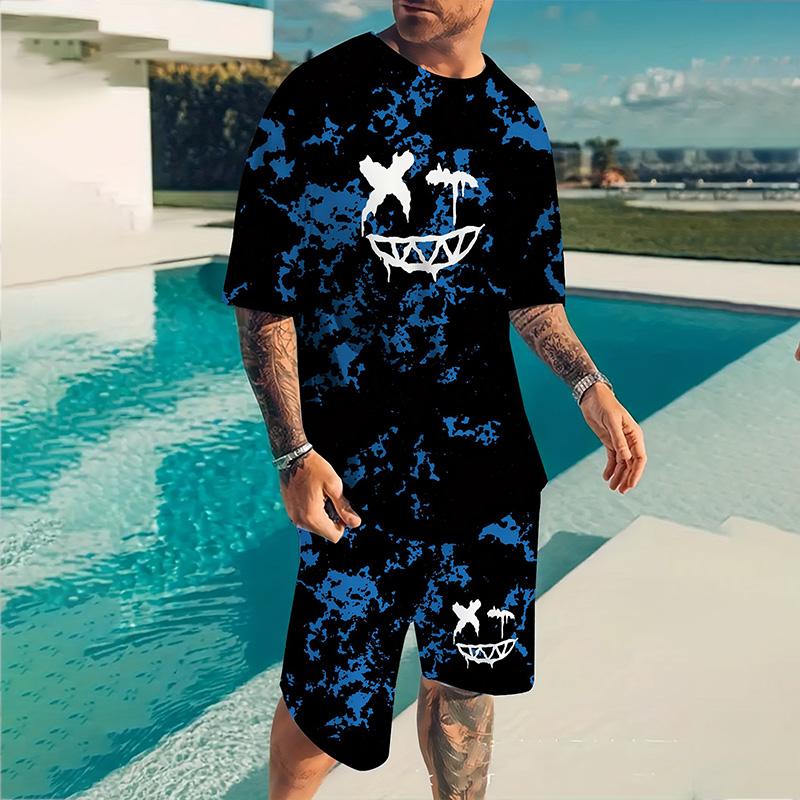Мужской костюм, летний повседневный дышащий освежающий костюм с принтом 3D Evil Face, большой мужской свободный топ, модный с короткими рукавами