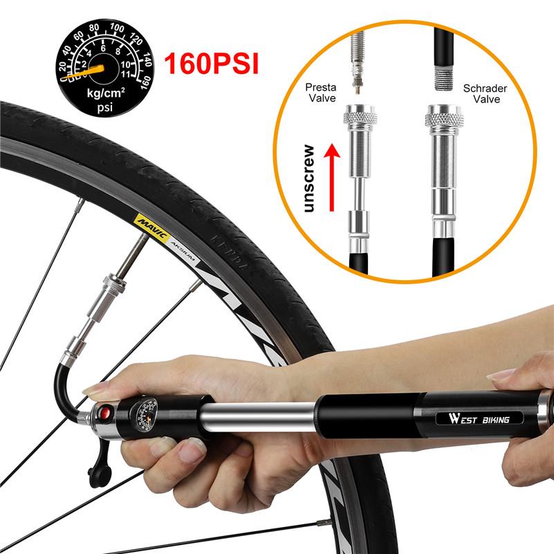 WEST BIKING Надувной насос для велосипеда Высокое давление 160PSI Алюминиевый велосипедный насос для воздуха Клапан Presta Schrader Насос для велосипедных шин С шлангом