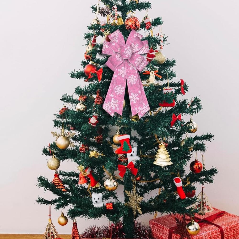 Large Pink Snowflake Christmas Wreath Bow for Front Door Wall Fence Decor Tree Topper Bow for Christmas Party Decoration Supplie