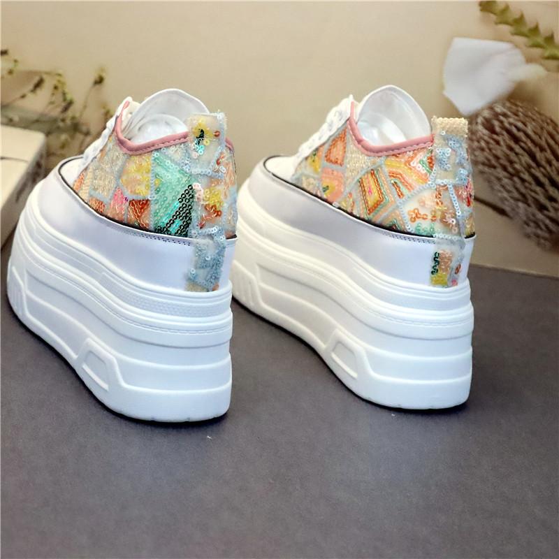 Fashion 12CM Air Mesh Denim Genuine Leather Synthetic Loafer Vulcanize Chunky Sneaker Mixed Color Women Summer Moccasins Shoes