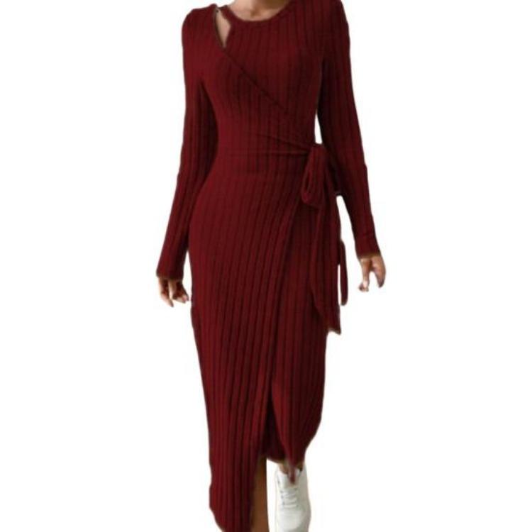Women Fall Winter Knitted Solid Color Wrap Dress Hollow Out Lace Up Waist Round Neck Long Sleeve Irregular Hem Elastic