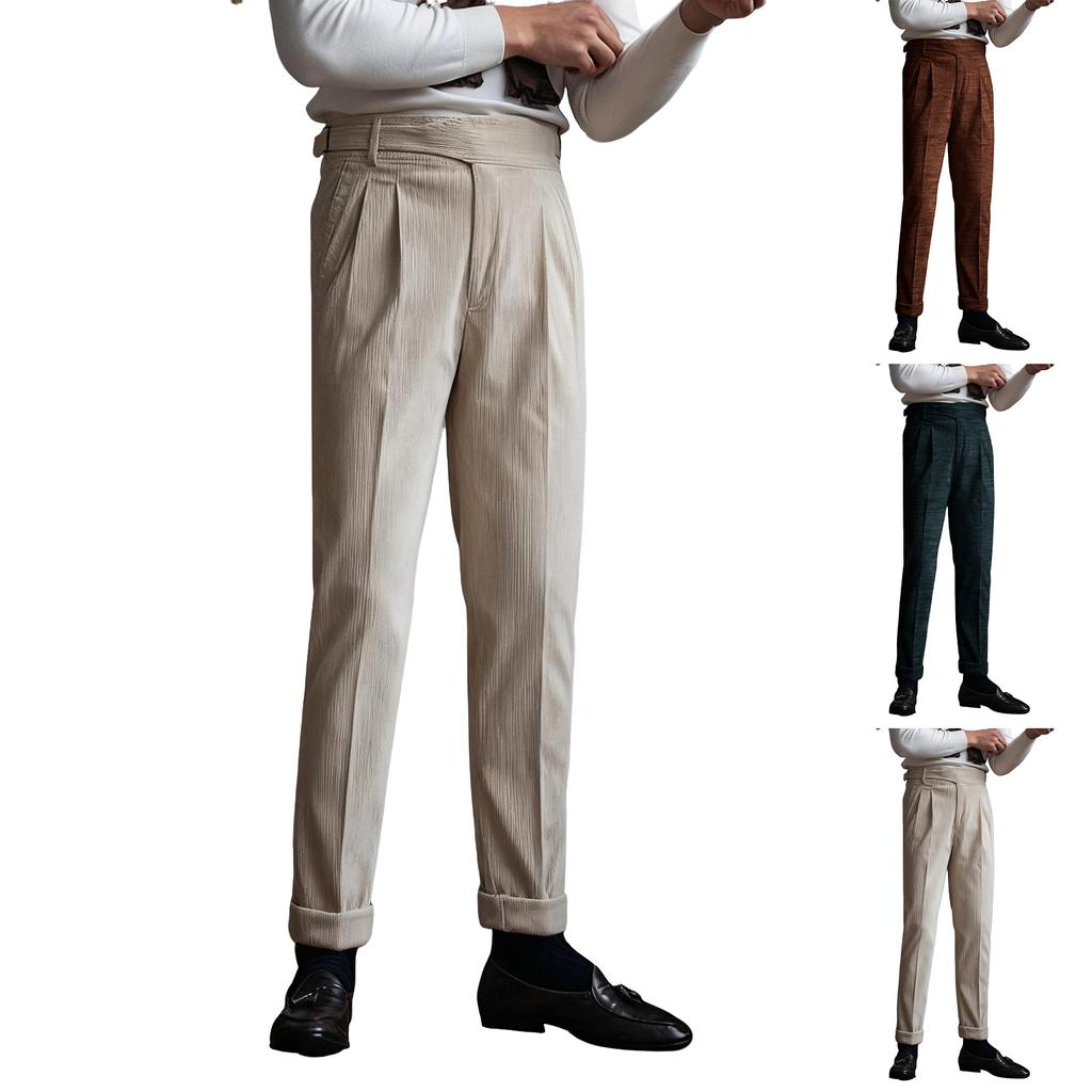 Mens Corduroy Naples Dress Pants Classic Fit Vintage Business Trousers Straight Pleat-Front Pant