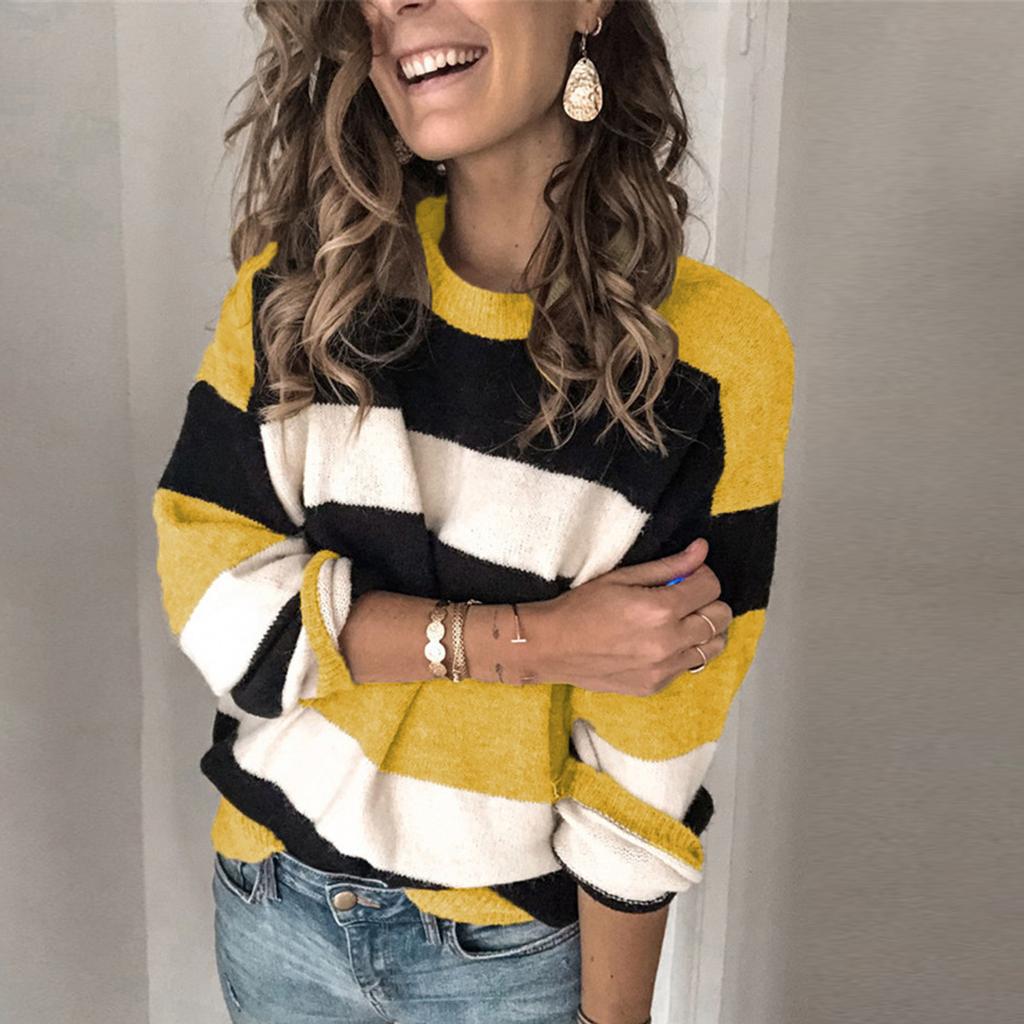 Fashion Women Long Sleeve Striped Print Casual Knitted Loose Sweater Top