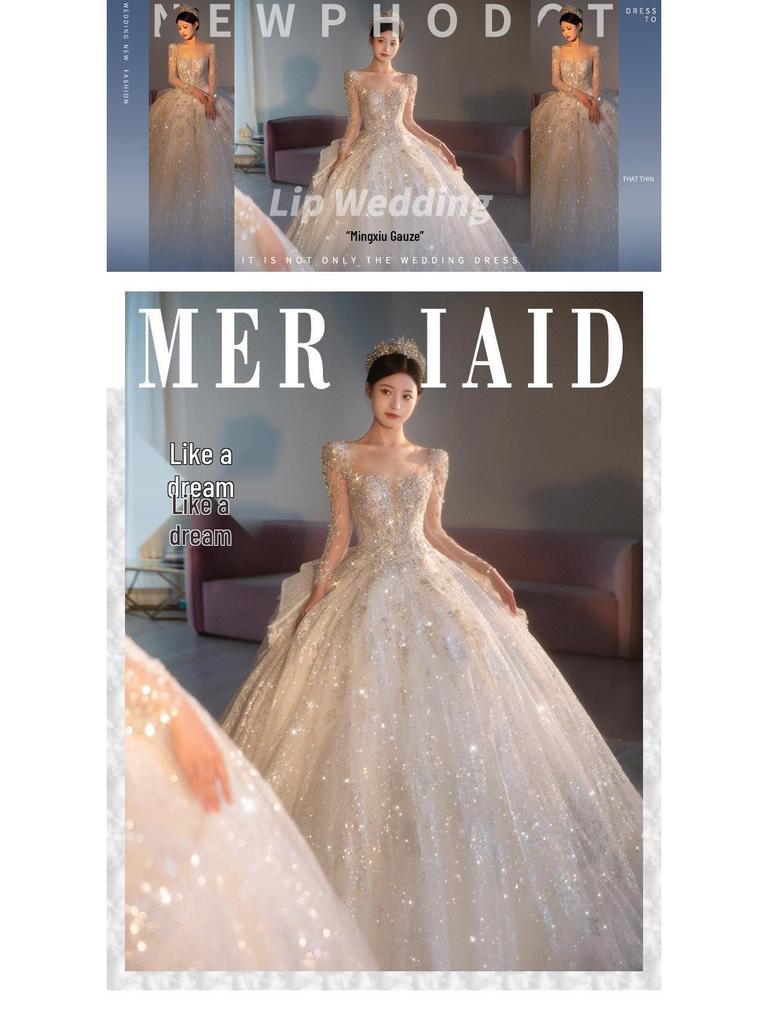 2025 Vintage French Long Sleeve Wedding Dress with Heavy Train and High-End Texture