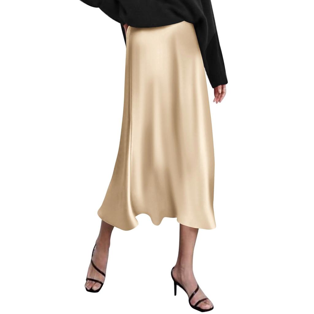 Women's High Waist Skirt Women's A-line Skirt Summer Solid Color Midi Skirt High Waist