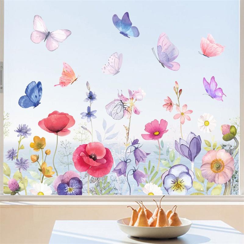 Flowers Butterfly Window Sticker Double Sided Printed Electrostatic Beautiful Spring Coming Style Bedroom Glass Decal Home Decor