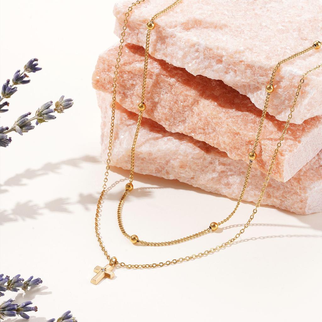 Женское ожерелье с двойным крестом, 18-каратное ожерелье, позолоченное циркониевое ожерелье, круглое ожерелье из бисера