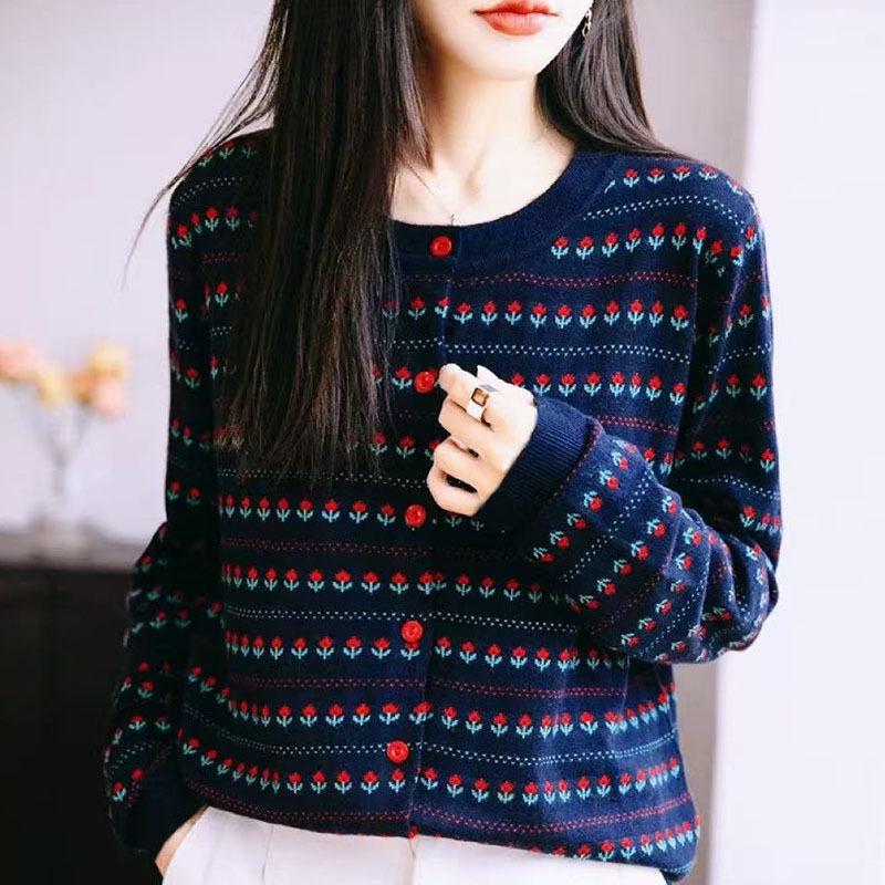 Mom's Retro Floral Jacquard Cardigan - 2025 Autumn/Winter Women's Round Neck Knit Sweater