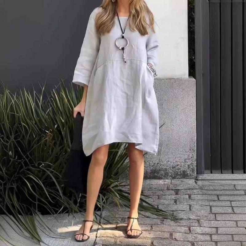 Summer Ladies Lovely Solid Color Loose Casual Pocket Cotton Linen Dress