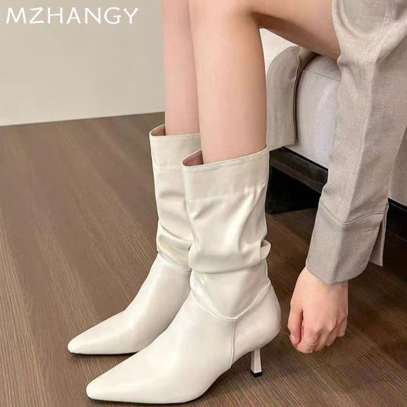 Модные женские ботинки до середины икры с острым носком, кожаные, сексуальные, на высоком каблуке, плиссированные туфли, женский тренд 2024, зимние элегантные туфли-лодочки Mujer Botas