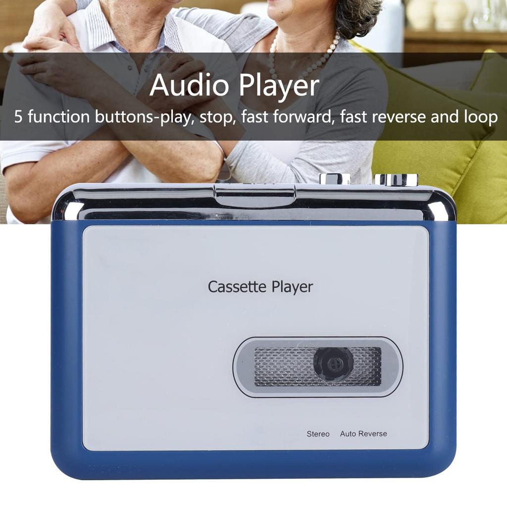 Cassette player with output to headphone transfer music to headset or 2 AA batteries or USB powered auto-reverse, speaker, speaker,