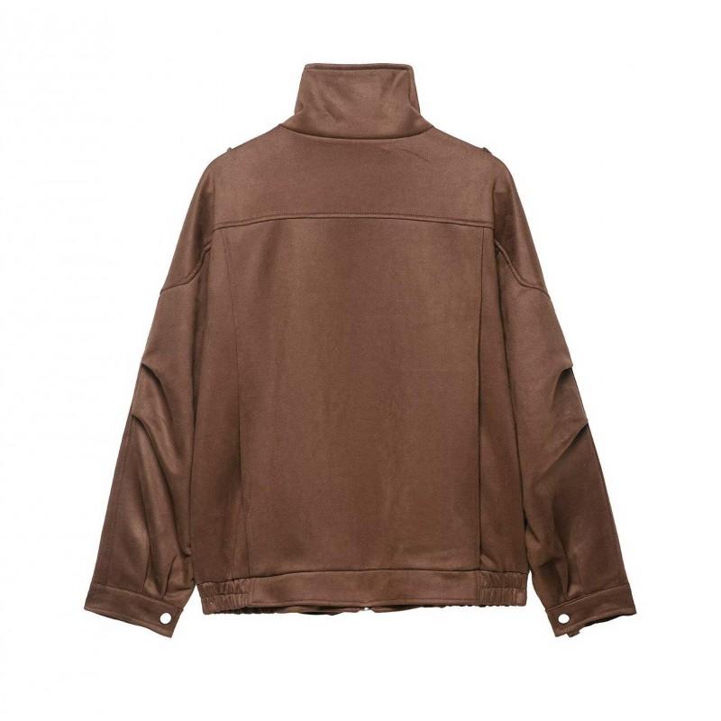 Womens Oversized Faux Suede Zip-Up Jacket Loose Fit Vintage British Style Fall 2025