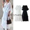 Summer New Women Clothes Seaside Holiday Style V-neck Horn Short Sleeve Waist Hugging Slimming Frill Long Dress