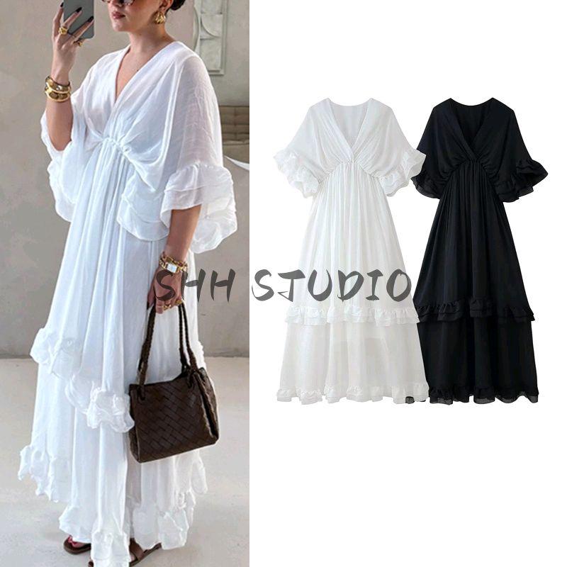 Summer New Women Clothes Seaside Holiday Style V-neck Horn Short Sleeve Waist Hugging Slimming Frill Long Dress