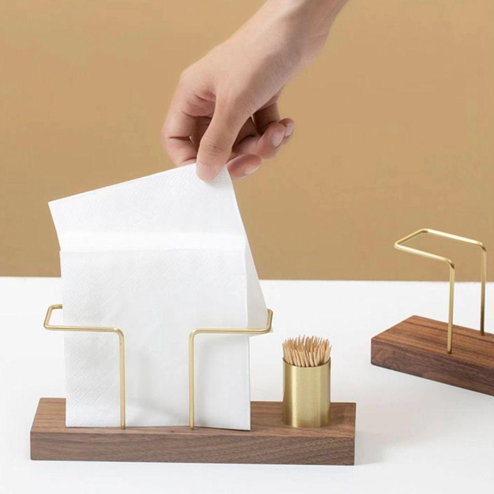 Metal Napkin Holder Multi-use Vertical Gold Tissue Box with Toothpick Case Wooden Tissue Dispenser Home
