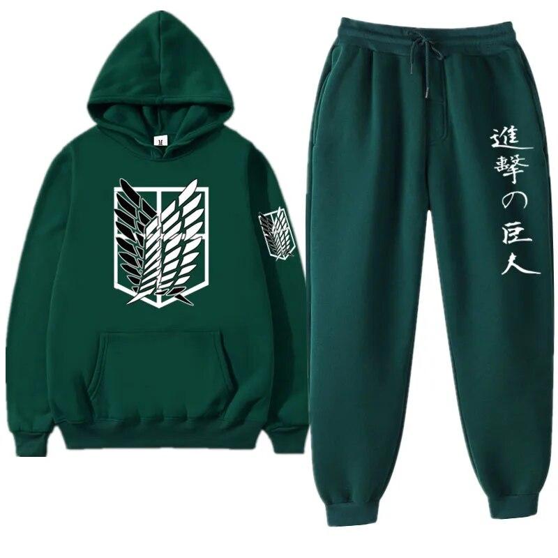 Anime Attack On Titan Levi Green Winter Tracksuit 2 Piece Set Hoodies Pants Sportwear Suit Hooded Sweatshirt Tracksuit Woman
