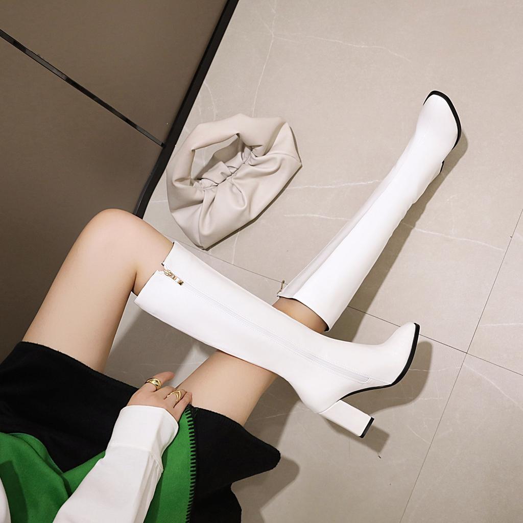 Женские сапоги на высоком каблуке, модный темперамент, осенне-зимние новые сапоги большого размера на толстом каблуке, однотонные, среднего размера