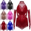 Kids Girls Latin Dance Leotard Ruched Mesh Cutout Tassel Glitter Rhinestones with Mesh Gloves