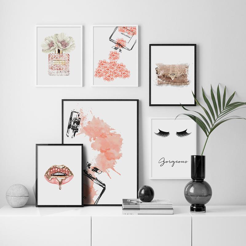 Розовый цветок Париж духи девушка губы ресницы настенная живопись на холсте плакаты на скандинавскую тему и принты настенная картина для декора комнаты для девочек