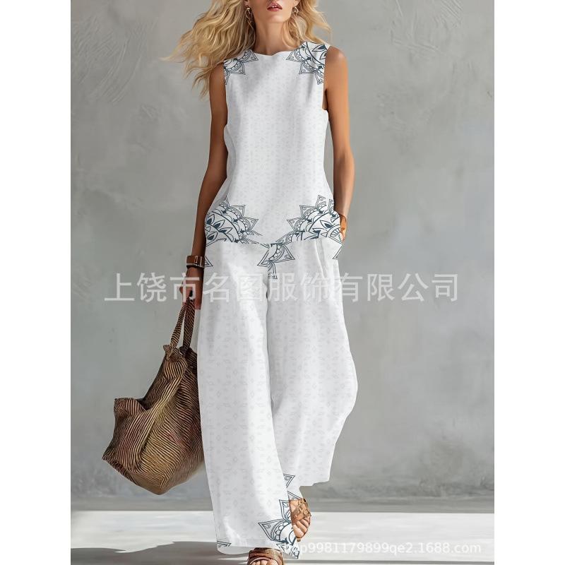 European, American Bohemian fashion contrasting colors 1D digital printing printing retro casual top set